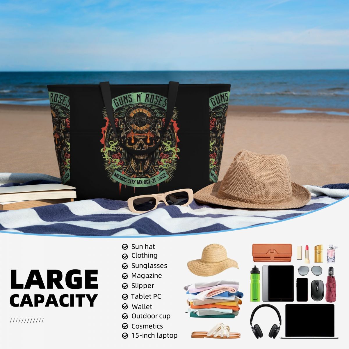 Пляжная большая сумка Guns N R – обзор и цена Yoga Fitness Merch